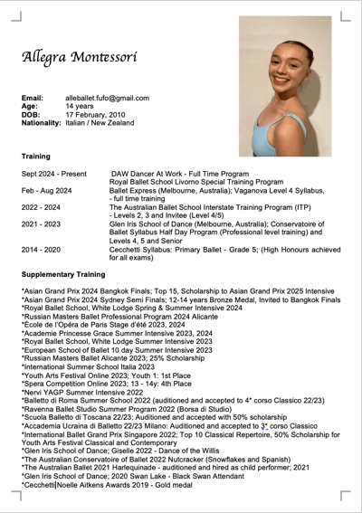Allegra Montessori — Classical dancer, Italy