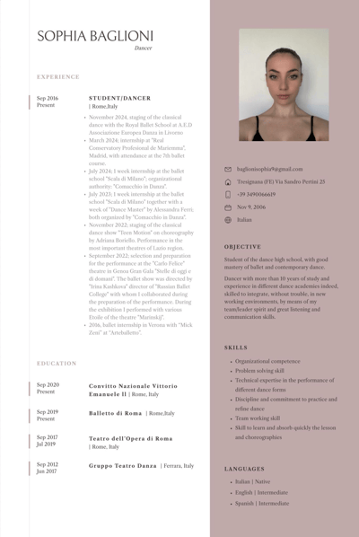 Sophia Baglioni — Classical dancer, TRESIGNANA- FERRARA, Italy