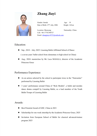 JiaYi Zhang — dancer, Shenyang, China