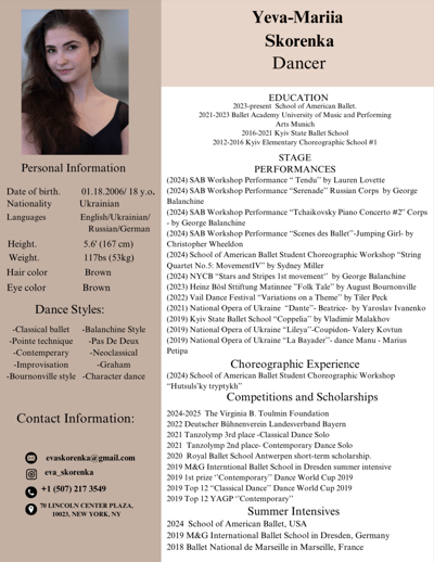Yeva-Mariia Skorenka — Classical dancer, New York, United States