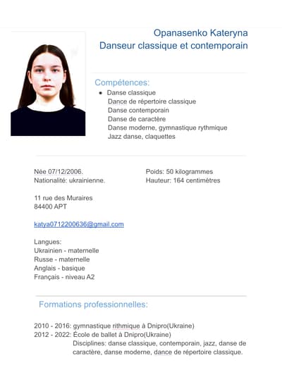 Kateryna Opanasenko — Classical dancer, France
