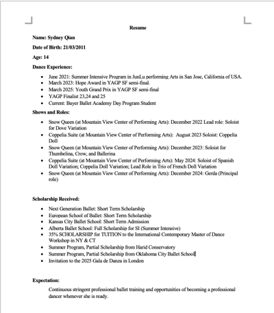 Sydney Qian — Classical dancer, United States