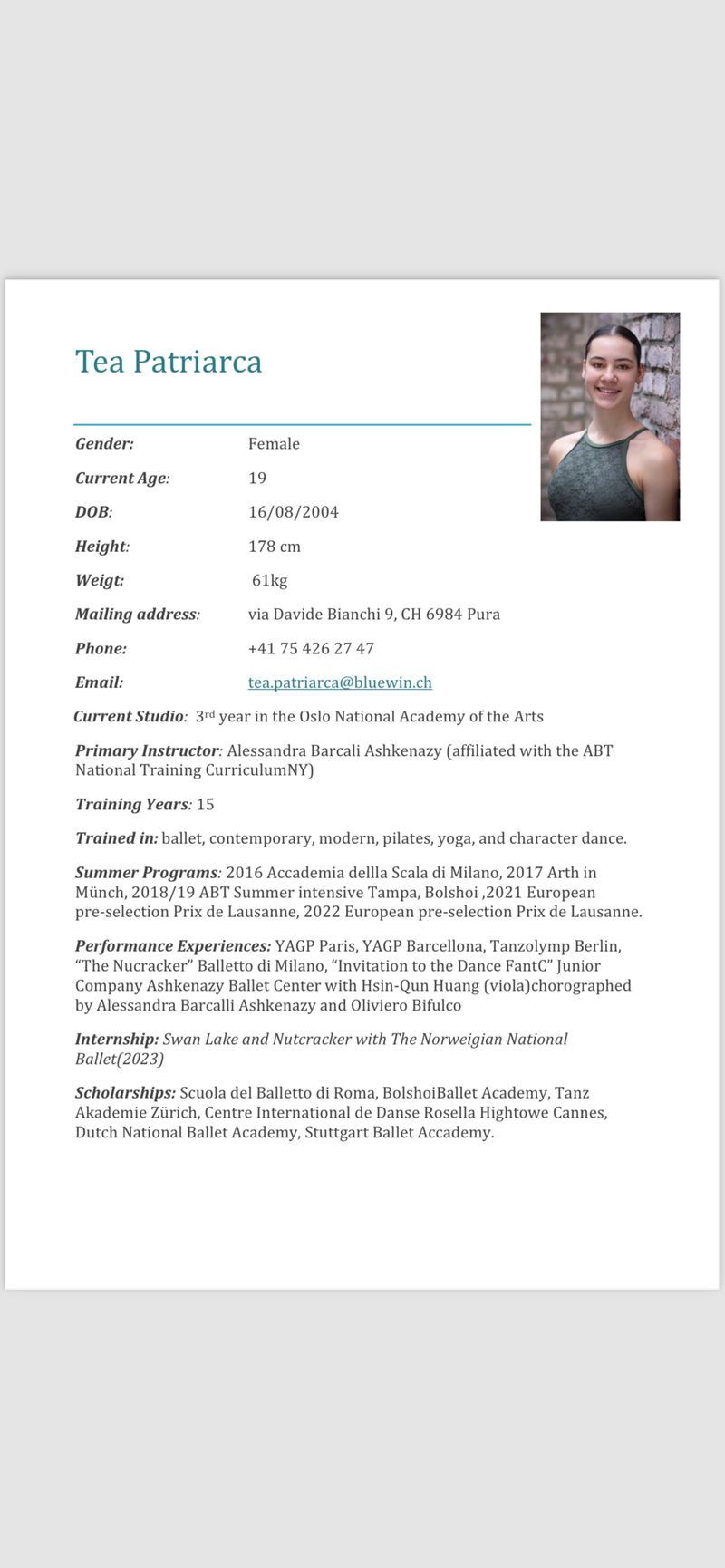 Tea Patriarca — Classical dancer, Switzerland